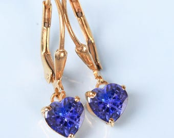 Pendientes de corazón de tanzanita con cierre de palanca / Plata de ley, oro de 14 k