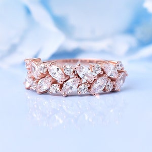 14k Solid White Gold Marquise Band Ring | Unique Half Eternity Band | Marquise And Round Moissanite Wedding Band | Promise Ring | Vintage