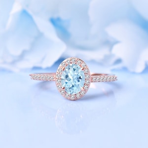 Natural Aquamarine Halo Ring, 14K Gold Engagement Ring, Oval Cut Aquamarine Ring, Wedding Ring, Anniversary Gift For Her Women, Promise Ring