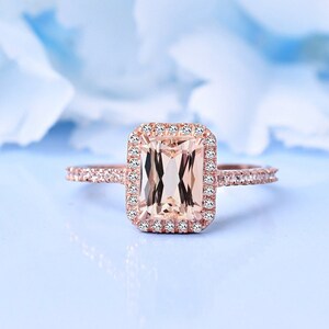 Morganite Rose Gold Engagement Ring, 14K Gold Morganite Ring, Emerald Cut Morganite, Natural Morganite, Art Deco Ring, Vintage Promise Ring,