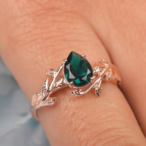 Green Teal Sapphire Leaf Ring | sapphire Engagement Ring | Vintage Art Deco Bridal Ring | Rose Gold Leaf Ring | Teal Sapphire Stone Ring