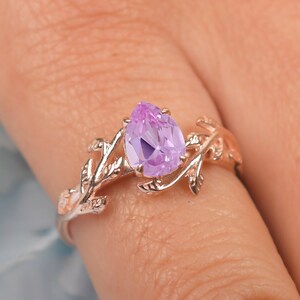 Pink Sapphire Leaf Ring | Engagement Wedding Ring | Pear Shaped Sapphire Ring | Bridal Leaf Ring | Rose Gold Ring | Birthday Gift For Love