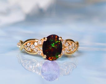 Anello di fidanzamento in oro 14k con opale nero / solitario ovale, regalo di anniversario