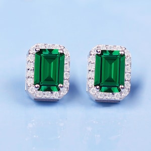 Emerald Halo Wedding Earrings | Women&#39;s Earrings |Anniversary Birthday Gift For Love | Emerald Octagon Earrings | Bridal Stud | Gift For Her