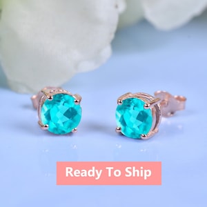 Beautiful Paraiba Tourmaline Round Studs | Dainty Everyday Earring | Vintage Art Deco Gold Stud | Ice Blue Paraiba Earring | Gift For Mother