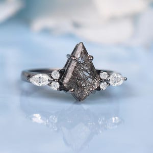Black Rutile Quartz Wedding Ring| Rutile Quartz Ring In Black Rhodium| Kite Shaped Ring For Women |Proposal Ring | Anniversary Gift For Love