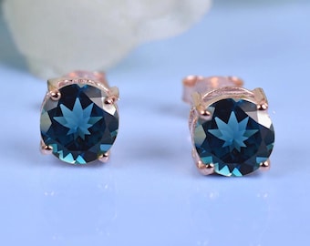 Orecchini a bottone con topazio blu di Londra / Orecchini in oro 14k e argento sterling