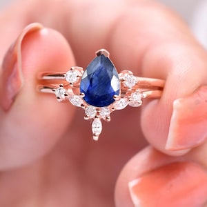 Pear Shaped Blue Sapphire Band Ring | Engagement Wedding Ring | Sapphire Teardrop Wedding Ring | 2pcs Sapphire Bridal Ring Set | PromiseRing