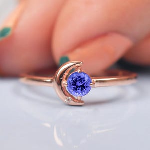 14k Tanzanite Moon Ring | Blue Gemstone Ring | Anniversary Birthday Gift | Tanzanite Jewelry | Rose Gold Ring| December Birthstone Jewelry|