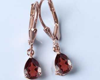Garnet Drop Earrings | Sterling Silver Leverback, January Birthstone
