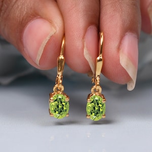 Peridot Leverback Earrings | Daily Wear Yellow Gold Earring | Green Peridot Jewelry | Faceted Cut Oval Earring | Gift For Daughter | Jewelry