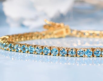 Swiss Blue Topaz Round Bracelet | Tennis Bracelets For Women | Anniversary Gifts | Yellow Gold Bracelet |