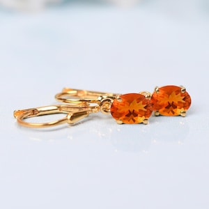 Oval Shaped Unique Fire Opal Earrings | Leverback Earrings | Gift For Love | Rose YellowGold | FireOpalBirthstone Earrings | Women&#39;s Earring