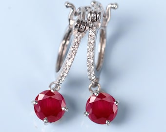 Sterling Silver Ruby Leverback Earrings | CZ Accented, July Birthstone