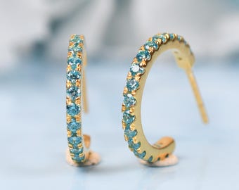 Swiss Blue Topaz Sterling Silver Hoop Earrings | 14k Gold Huggies