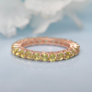 Round Cut Green Peridot Full Eternity Band | 14K Solid Rose Gold Band | Unique Peridot Wedding Band | Birthstone Jewelry | Gift For Mother
