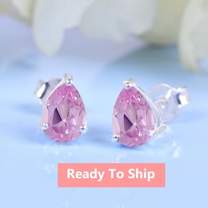 Pear Shaped Pink Sapphire Bridal Studs | Dainty Earring Studs | Vintage Art Deco Earring | Pink Sapphire Jewelry | Women&#39;s White Gold Studs