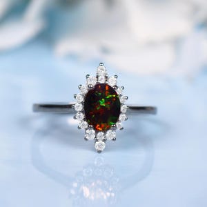 Schwarzer Opal Hochzeit Verlobungsring | Schwarzer Rhodium Opal Ring | Ovale Form Jubiläum Geschenk | Art DecoRing| 925 Sterling Silberin Schwarz rhodiniert