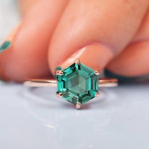 Green Teal Sapphire Hexagon Ring | Engagement Bridal Ring | Rose Gold Ring | Green Stone Wedding Ring | Hexagon Jewelry | Bridesmaid Gifts