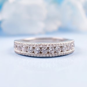 Triple Row Half Eternity Band For Women | Round Moissanite Band | Engagement Band Ring | Solid 14K White Gold Band | Three Row Stacking Ring