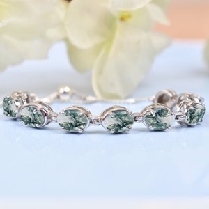 Unique Moss Agate Wedding Bracelet | Personalized Gift | Agate Jewelry | Adjustable Agate Bracelet | Art Deco Vintage Bracelet | Mother Gift