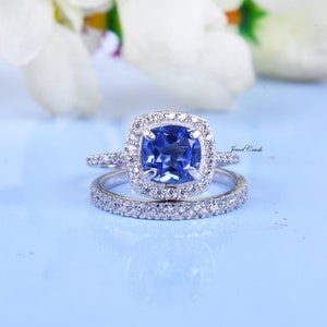 Natürliche Tansanit Gold Verlobungsring | Moissanit Akzent Bandring | Tansanit Halo Ring | Kissen Tansanit Ehering | Versprechen Ring