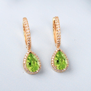 Peridot Pear Halo Leverback Earrings| Drop & Dangle Earrings| Everyday Earring For Women| Anniversary Birthday Gifts|  Peridot 9x7MMEarrings
