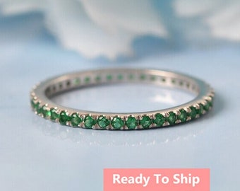 Emerald Eternity Band | Sterling Silver Green Gemstone Wedding Ring | Full Band