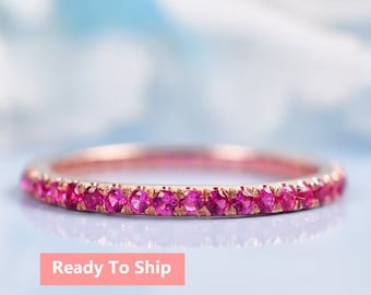 14K Rose Gold Pink Ruby Eternity Band | Dainty Wedding Ring, Full Band