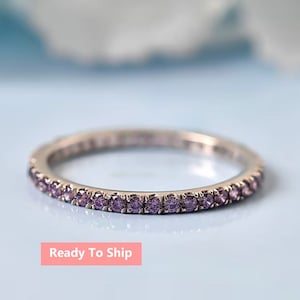 14K Gold Amethyst Full Eternity Band | Stacking Matching Band | Thin Dainty Band | Engagement Ring Gift For Her | Purple Round Eternity Band