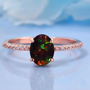 Zwarte opaal trouwring | Ovale bruidsring | Opaal roségouden ring | Zwarte edelsteen verlovingsring | Jubileumcadeaus | Beloftering