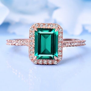 Green emerald engagement ring 14K rose gold emerald ring vintage diamond halo ring May birthstone ring wedding ring promise ring For Women