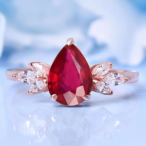 14k Ruby Wedding Engagement Ring | July Birthstone Jewelry | Marquise Moissanite Ring | Anniversary Ring For Her | Women&#39;s Ring | Pear Ring