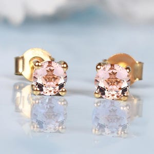 Round 4mm Morganite Stud Earrings | Morganite Jewelry | Yellow Gold Studs |Anniversary Gifts |Bridal Wedding Gifts| Everyday Studs For Women