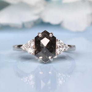 Unique Salt And Pepper Diamond Ring | Hexagon Engagement Ring| White Cut Geometric Ring |14k Gold Vintage Ring | Gift For Love |Promise Ring
