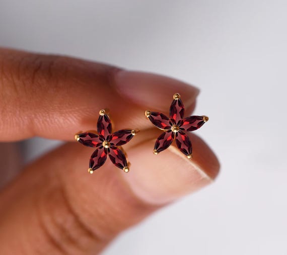 Garnet Flower Earrings | Marquise 4x2mm Red Gemstone Studs | Gold Floral Earrings | January Birthstone Jewelry