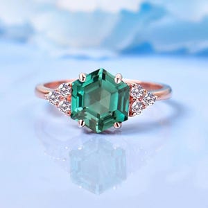 Vintage Teal Sapphire Hexagon Ring | Unique Engagement Ring | Diamond Cluster Ring | Rose Gold Wedding Ring | Green Sapphire Ring | Gifts