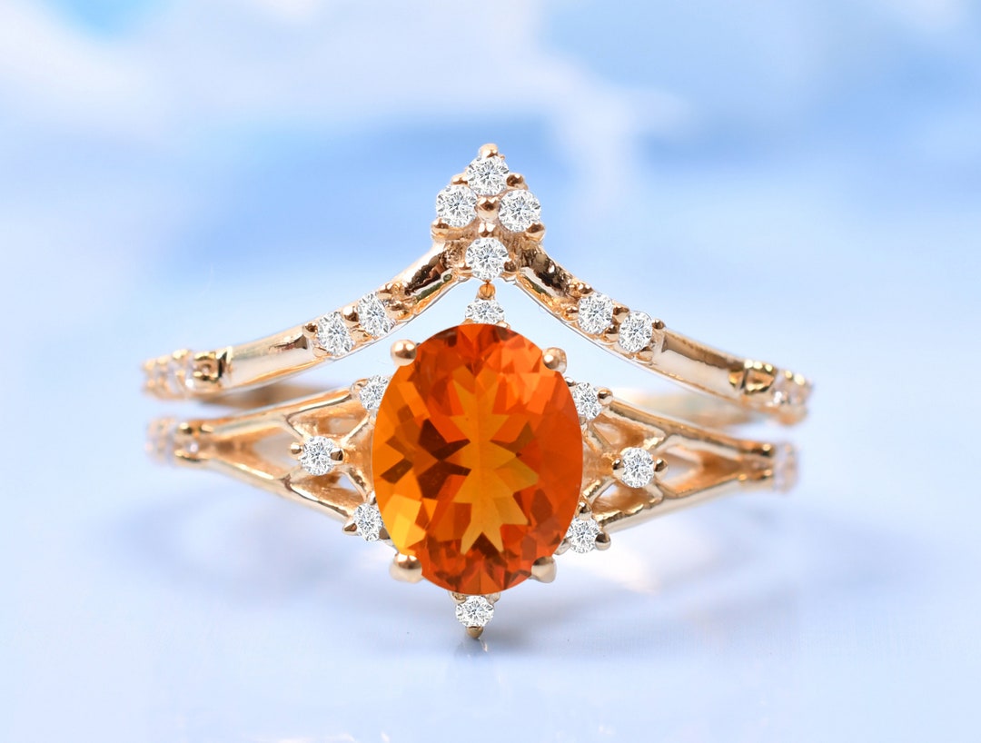 Oval Cut Fire Opal Engagement Ring Set Moissanite Wedding Ring Orange