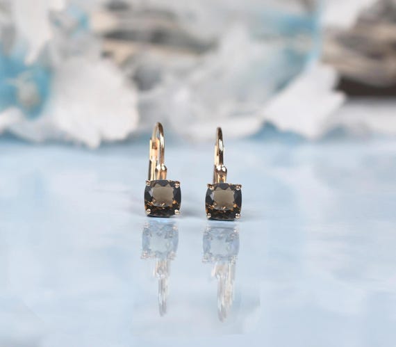 Smoky Quartz Leverback Earrings | 925 Sterling Silver, Cushion Cut