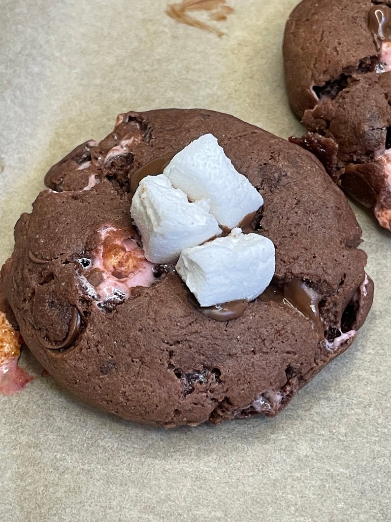 May include: A chocolate chip cookie with melted chocolate and marshmallows on top. The cookie is on a piece of parchment paper.