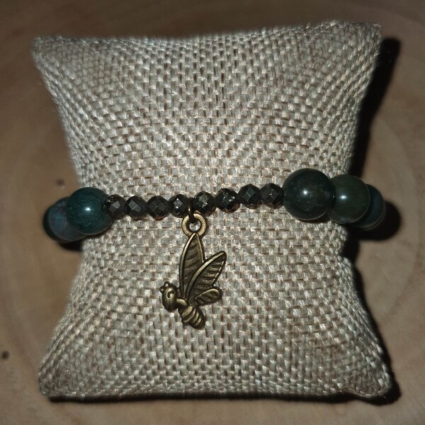 Bracelet en Agate Verte Pyrite et Libellule