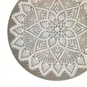 Puede incluir: Un tapete de ganchillo blanco hecho a mano con un diseño de encaje detallado. El tapete es circular, con un patrón floral central y formas geométricas radiantes. El intrincado calado se encuentra sobre un fondo gris.