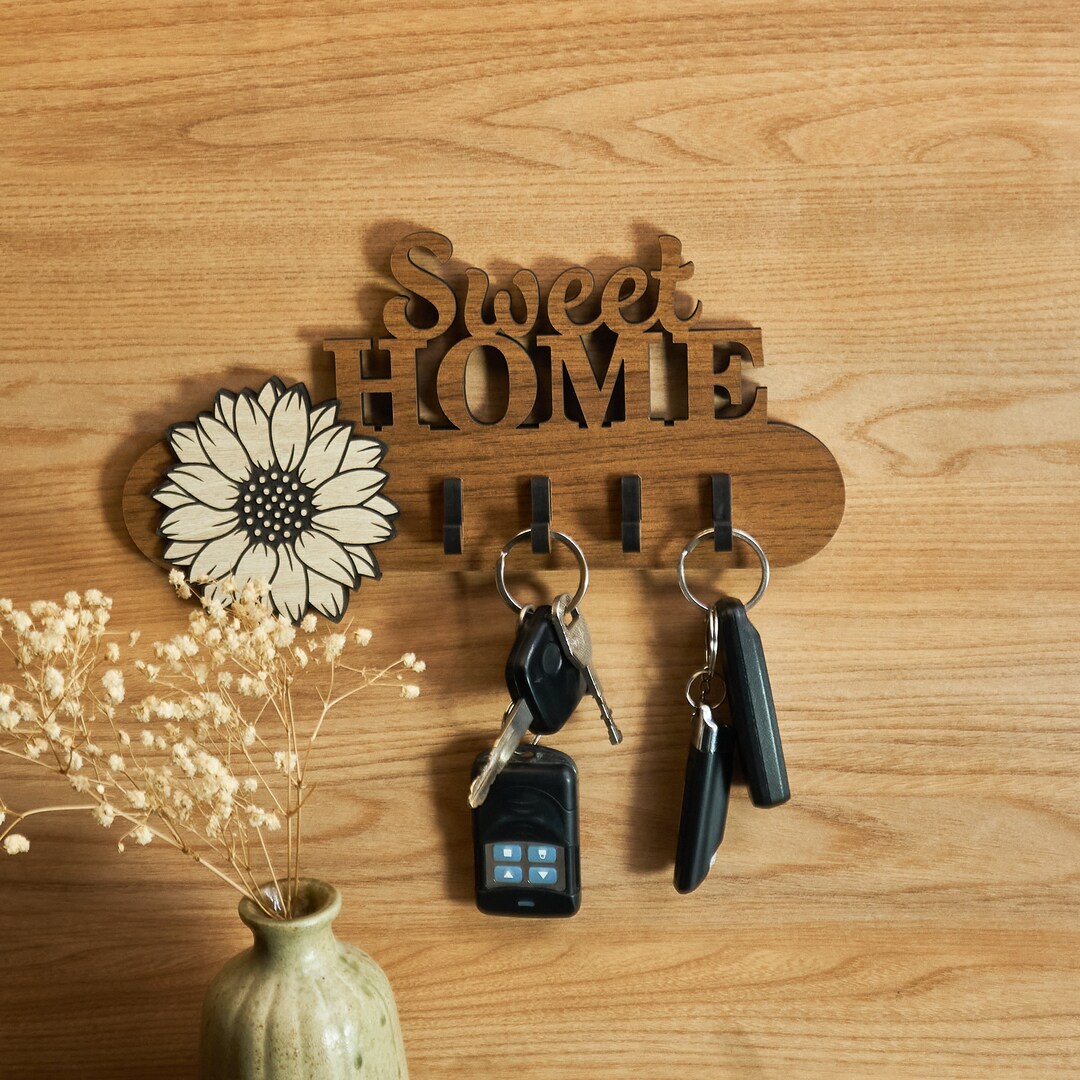 Key Holder Wooden , Sweet Home Sunflower Key Holder , Key Hanger, Key ...