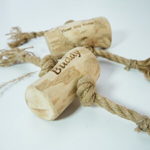Puede incluir: Dos juguetes para masticar para perros de madera con cuerda atada. Un juguete está grabado con el texto "Your dog name" y el otro está grabado con el texto "Buddy".