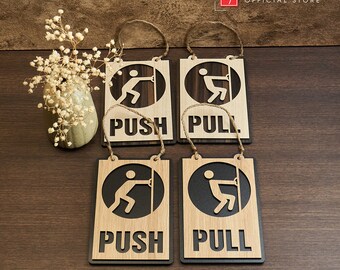 Símbolo de sinal de porta de madeira PUSH-PULL pendurado para porta Home Office Shop, sinal de orch frontal, etiquetas de porta, sinal de caverna de homem | Sinal de barra