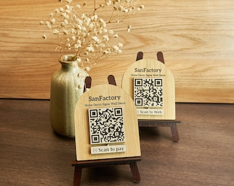 Código QR personalizado de madeira, mídia social empresarial personalizada, digitalização para pagar, digitalização para Webstie, sinal de pagamento, mesa de escritório - placa de porta