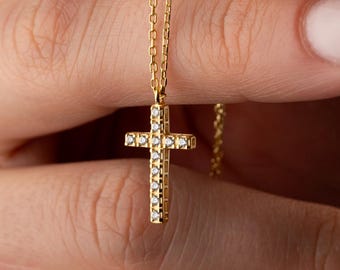 Dainty Small Diamond Cross Necklace – Solid 14K Gold Religious Pendant – Minimalist Christian Jewelry