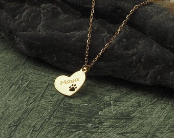 14k Solid Gold Paw Print Necklace: Personalized Pet Name Heart Pendant