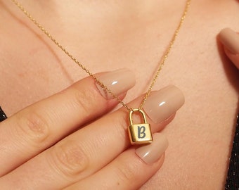 14K Solid Gold Engraved Lock Necklace, Padlock Initial Pendant, Key Charm Necklace, Personalized Jewelry