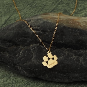 14k Solid Gold Paw Print Name Necklace: Personalized Pet Pendant
